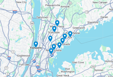 A map of new york city with a lot of cities and roads A map of new york with a lot of points on it