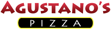 The word "AGUSTANO'S" in red letters above a black horizontal rectangle containing the word "PIZZA" in white text.