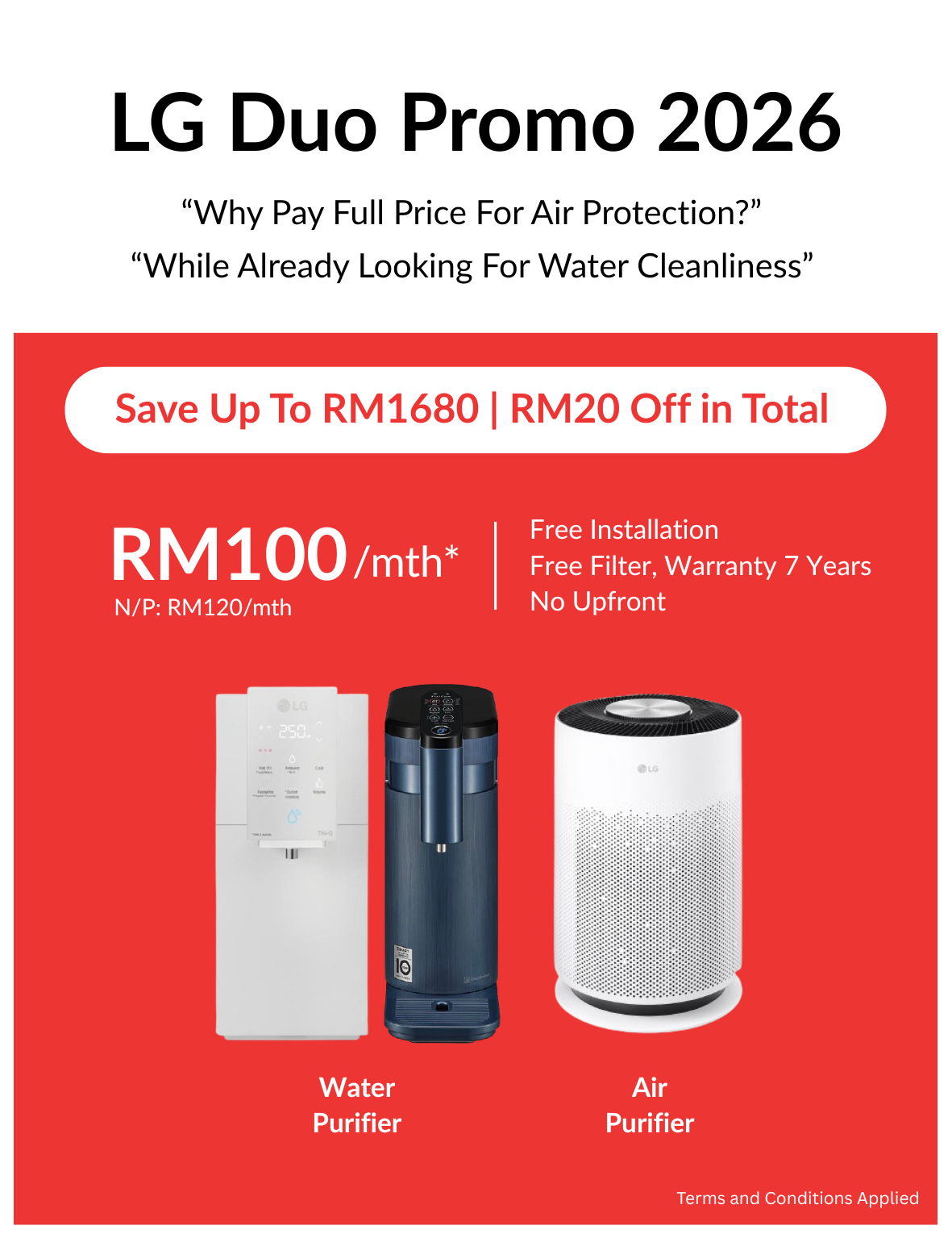 LG Duo Promo 2026 water and air purifier combo with RM10 off monthly for each product.