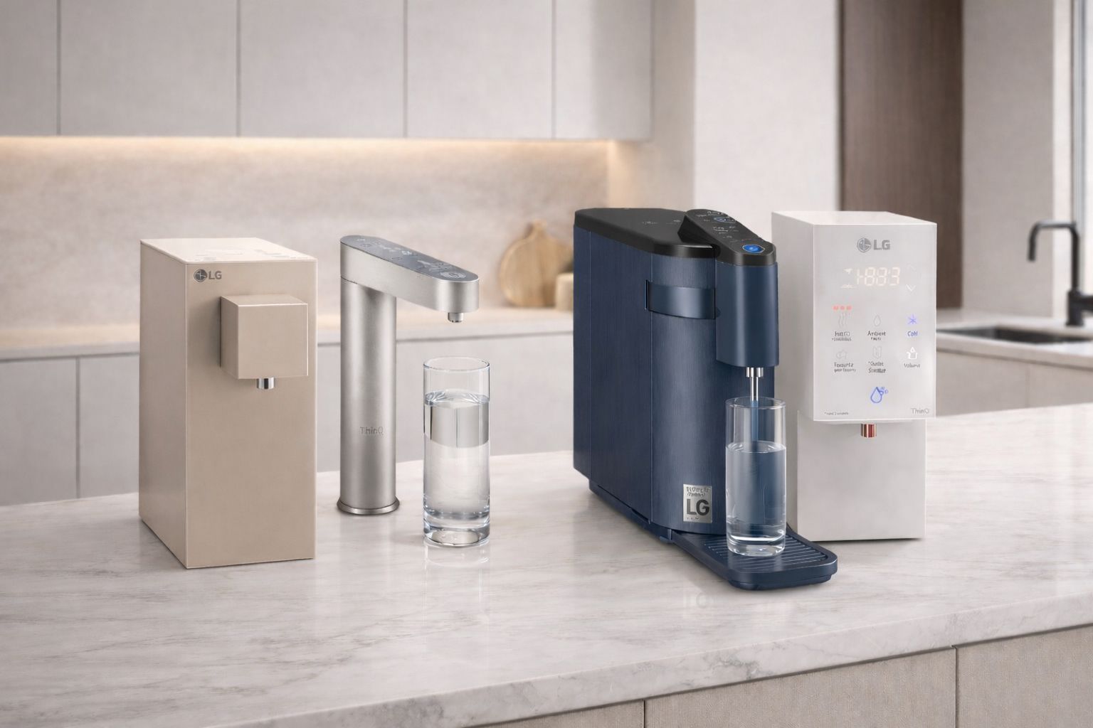 Several water dispensers on a kitchen countertop. A glass of water is in the center.