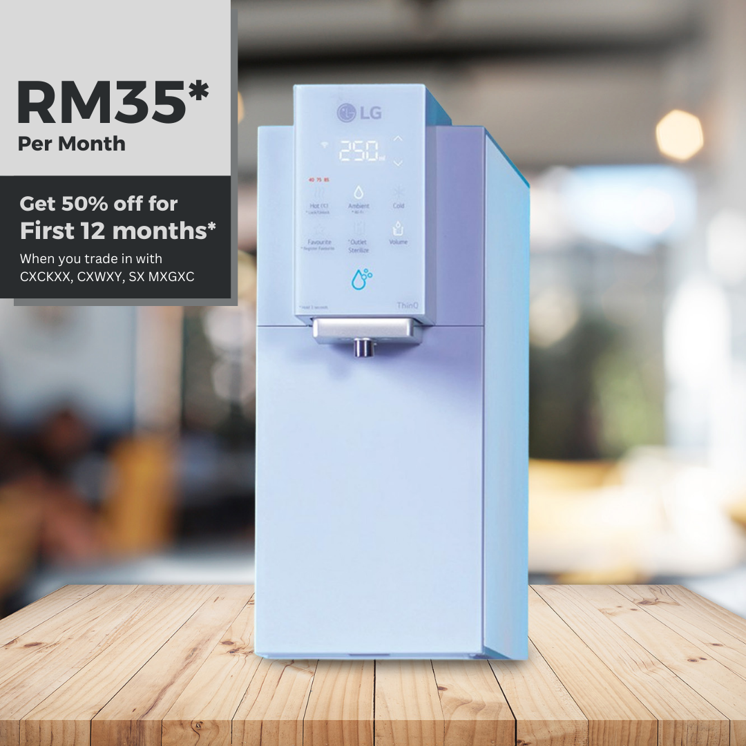 LG water purifier with monthly payment details on wooden table. Light blue color.