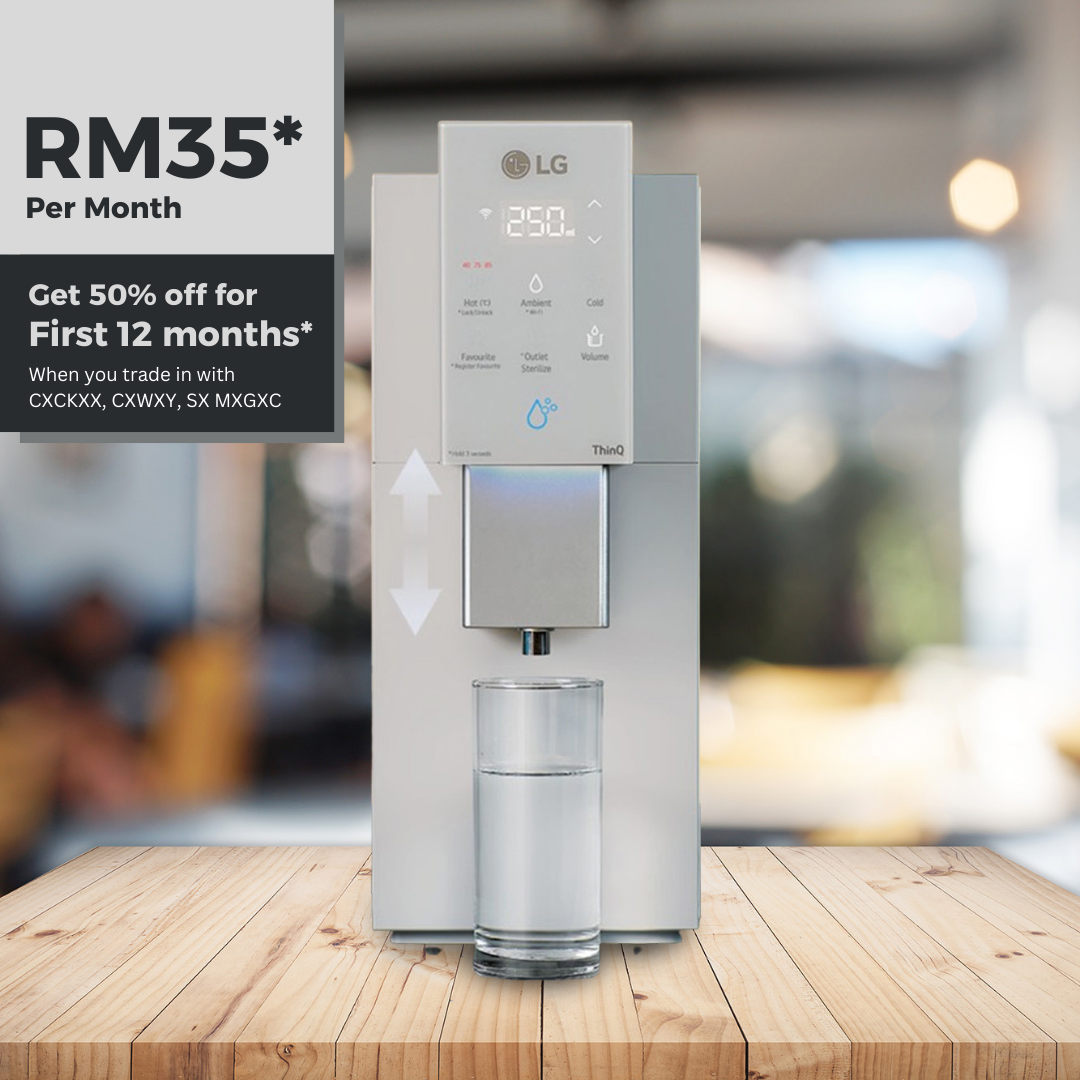 LG water purifier with promotional text: RM35/month, 50% off for the first 12 months.