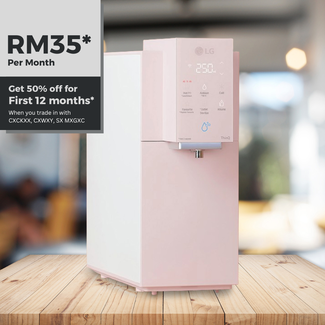 Pink and white LG water purifier on a wooden table, with promotional text: RM35 per month, 50% off for first 12 months.