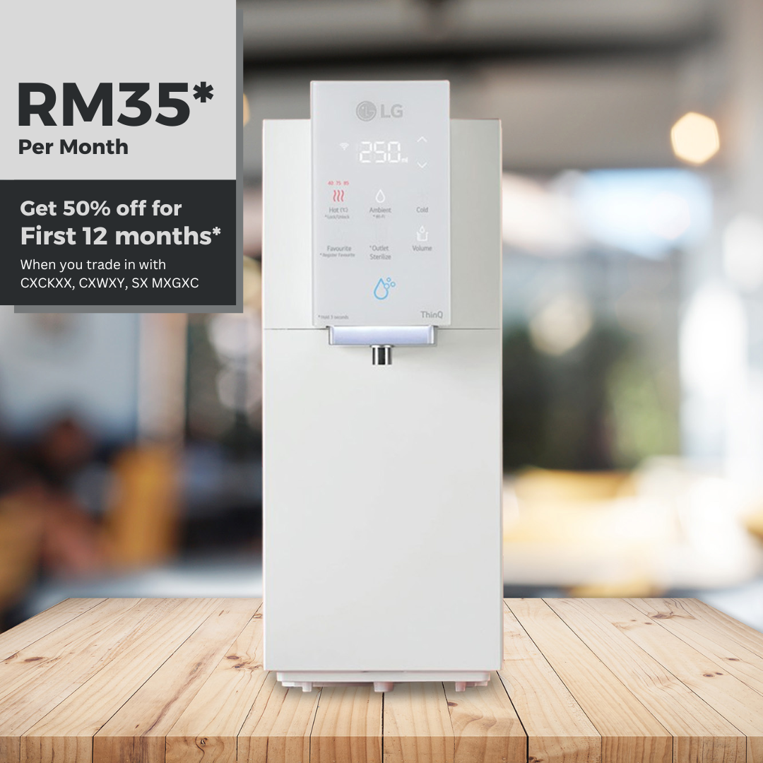 LG water purifier on a wooden surface, with promotional text: RM35/month, 50% off for 12 months.