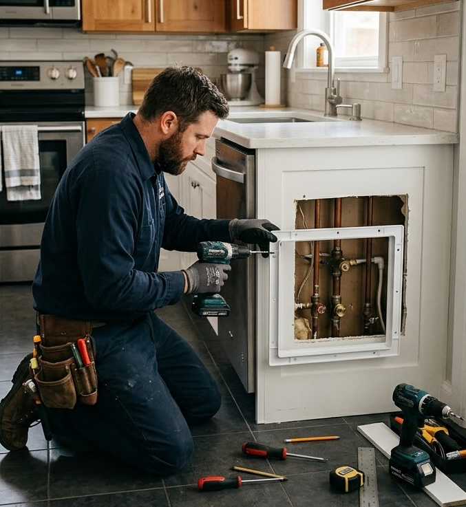 Plumber installing a kitchen access panel.