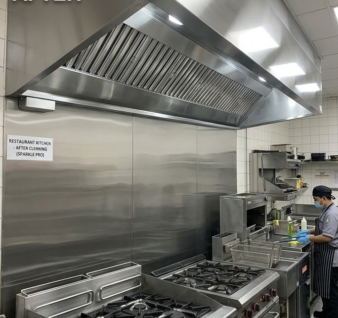 Worker pressure washing a commercial kitchen exhaust hood.