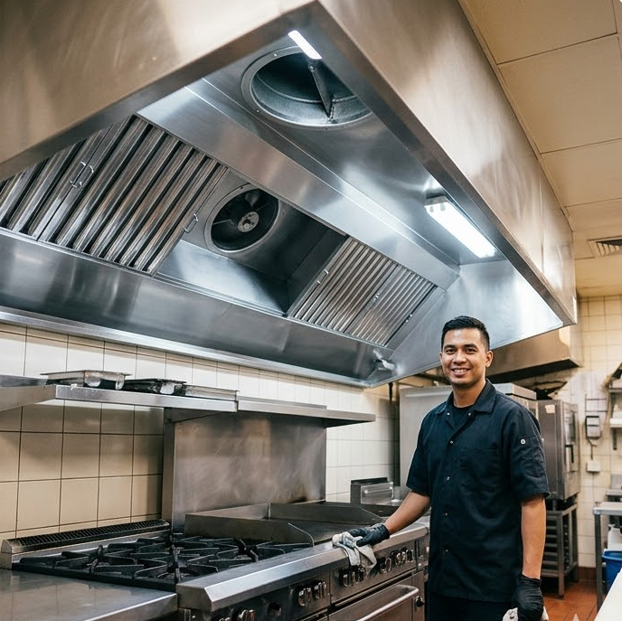 Chef cleaning a commercial kitchen stove and vent hood.
