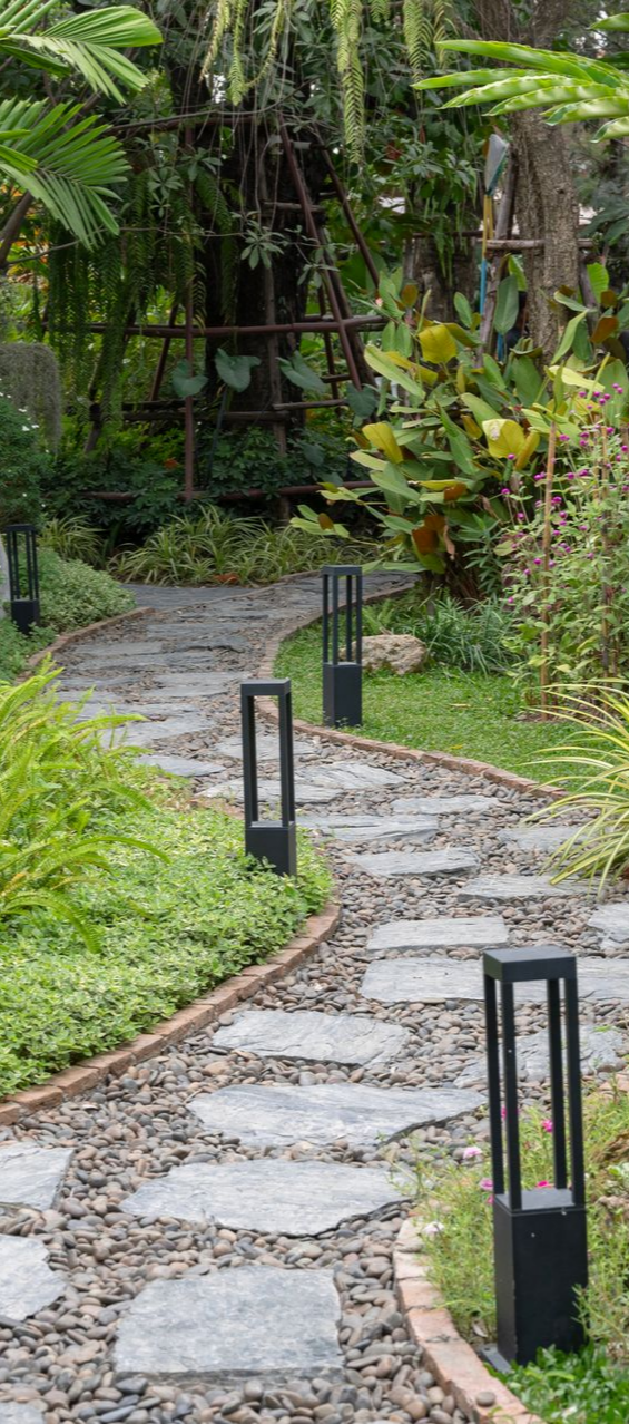 A winding stone pathway surrounded by lush green plants and garden lights. A winding stone pathway surrounded by lush green plants and garden lights.
