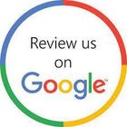 Circular graphic urging to review on Google; Google logo and text within a colored outline.