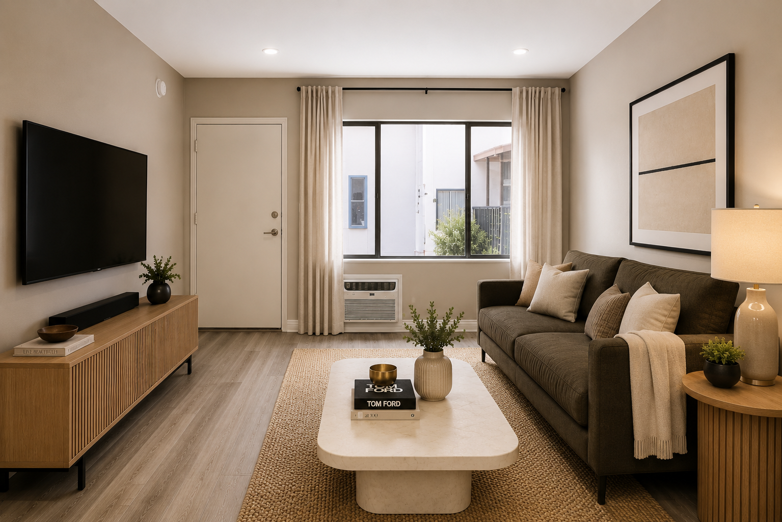 Modern living room with sofa, coffee table, TV, and sliding doors to a balcony.
