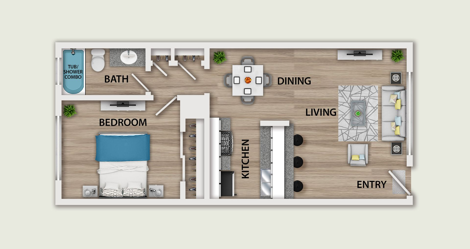Top-down view of a small two-story apartment floor plan with bedroom, kitchen, bathroom, living area, and balcony.