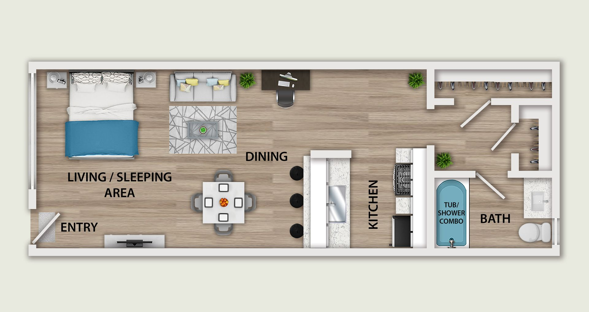 3D floor plan of a small loft apartment with kitchen, dining, living, and bedroom areas