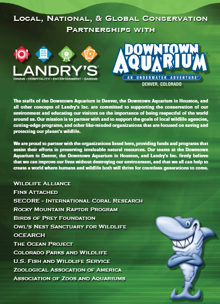 Downtown Aquarium partnerships with Landry's: logos, list of conservation partners, cartoon shark.