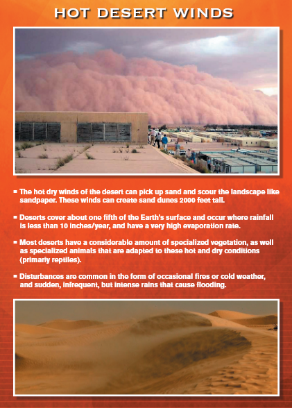 Desert landscape with buildings, sandstorm, and sand dunes. Text highlights hot desert wind effects.