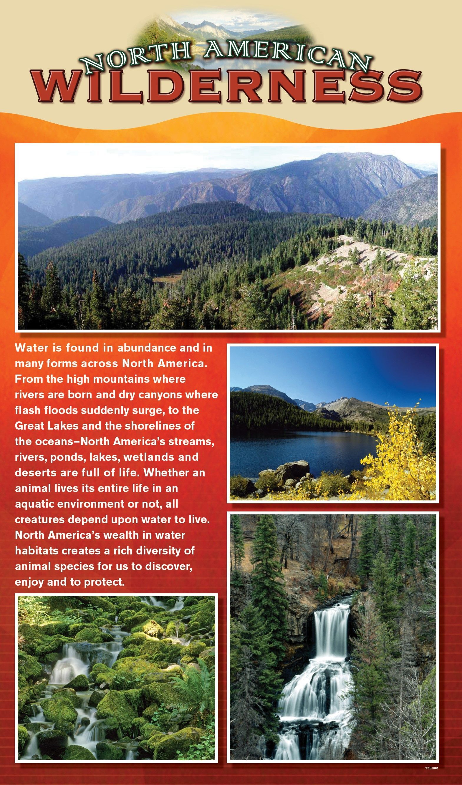 Brochure with forest scenes, lake, and waterfall. Title reads 