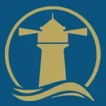 A lighthouse is in a circle with waves in the background.