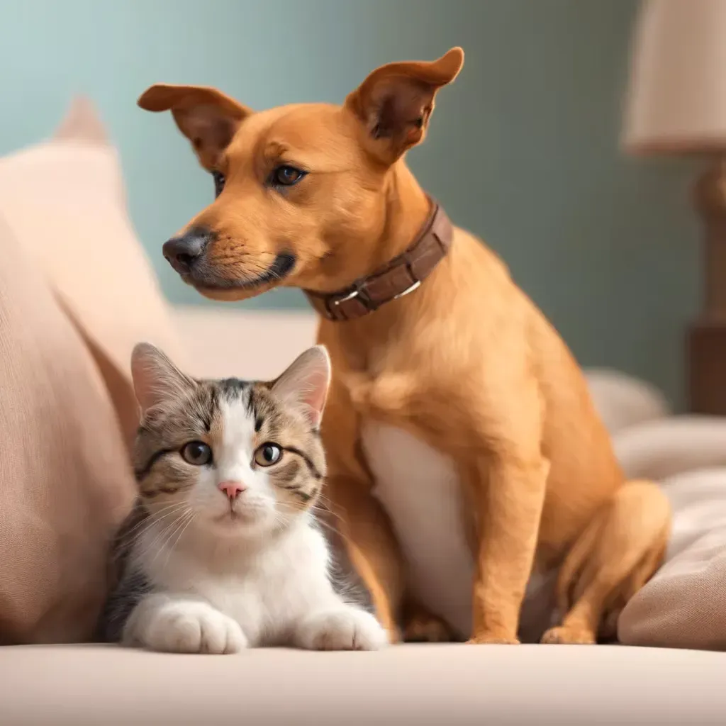 A dog and a cat are sitting on a couch together.
