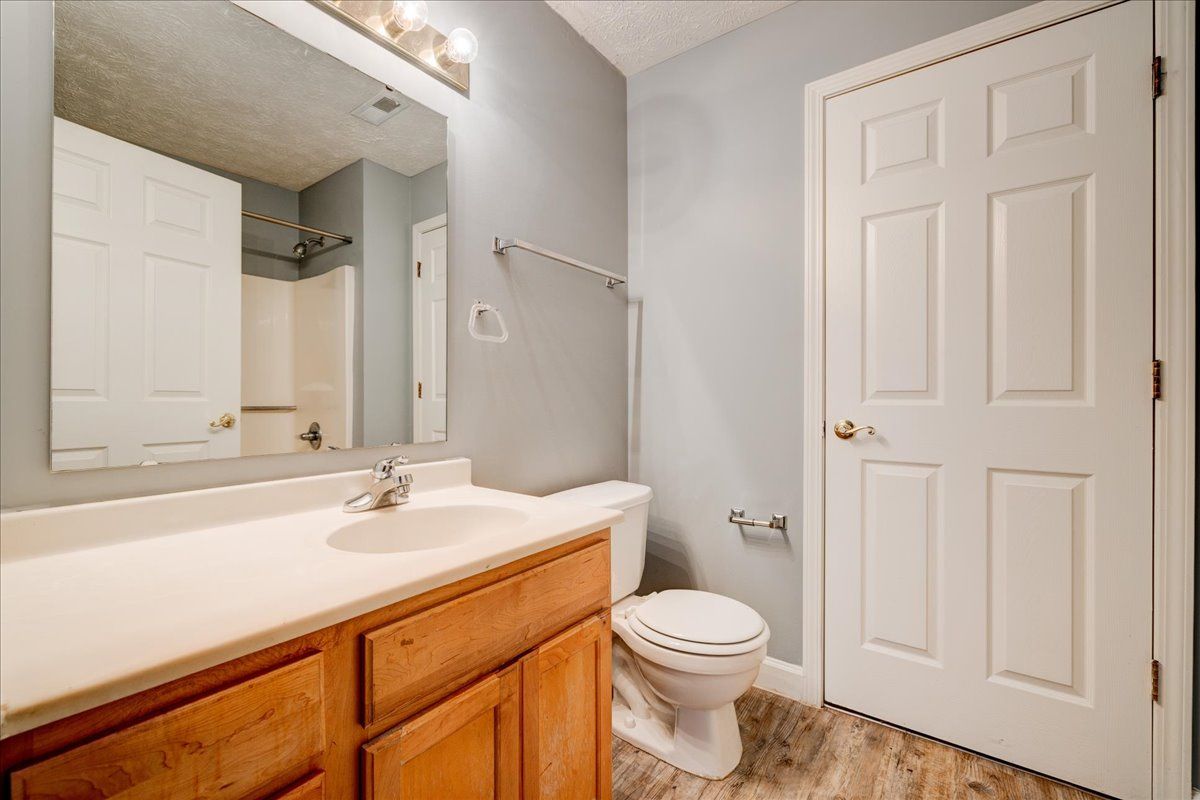 A bathroom with a sink , toilet and mirror.