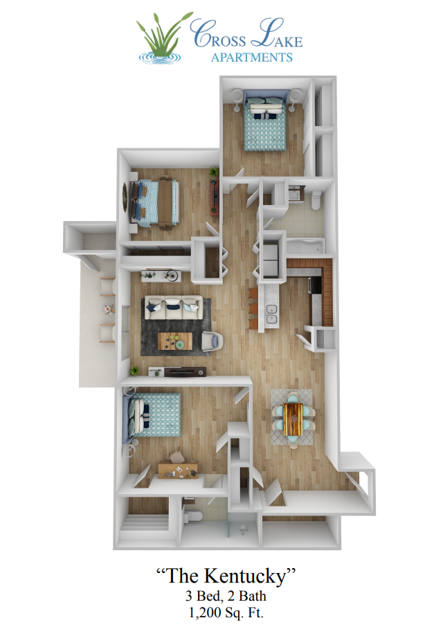 A 3d floor plan of a house with a balcony.