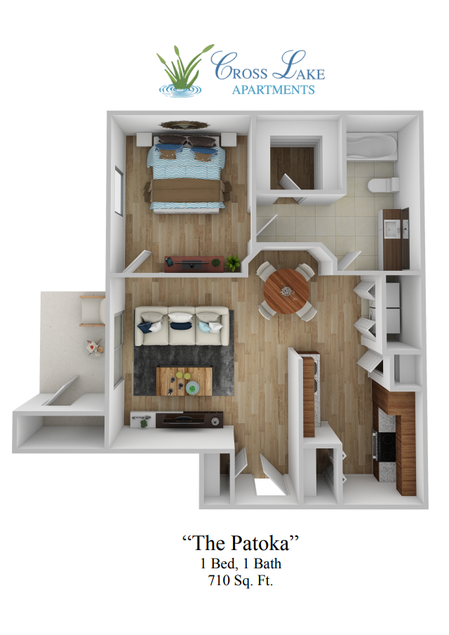 A 3d floor plan of a cross lake apartment.