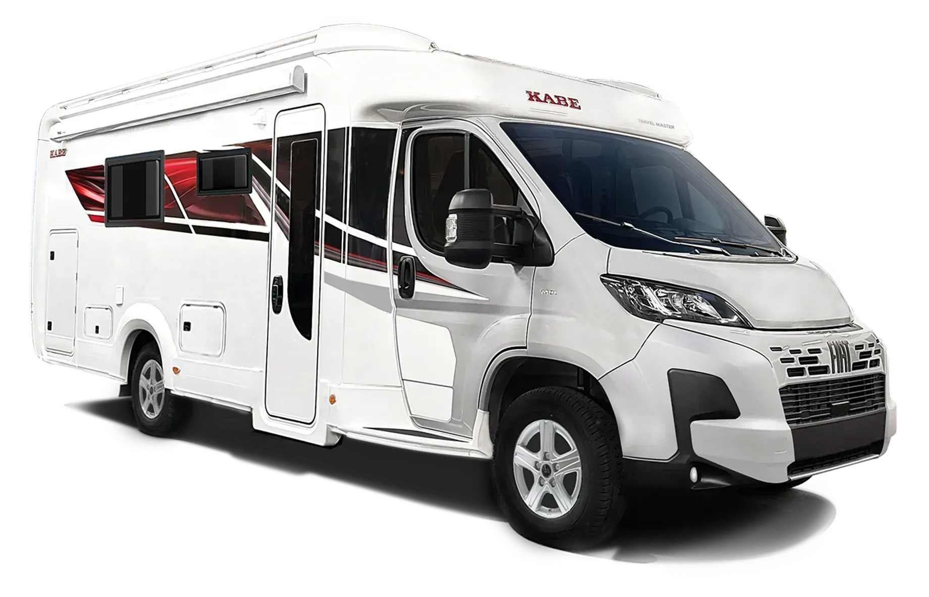 White recreational vehicle with red accents, parked outdoors.