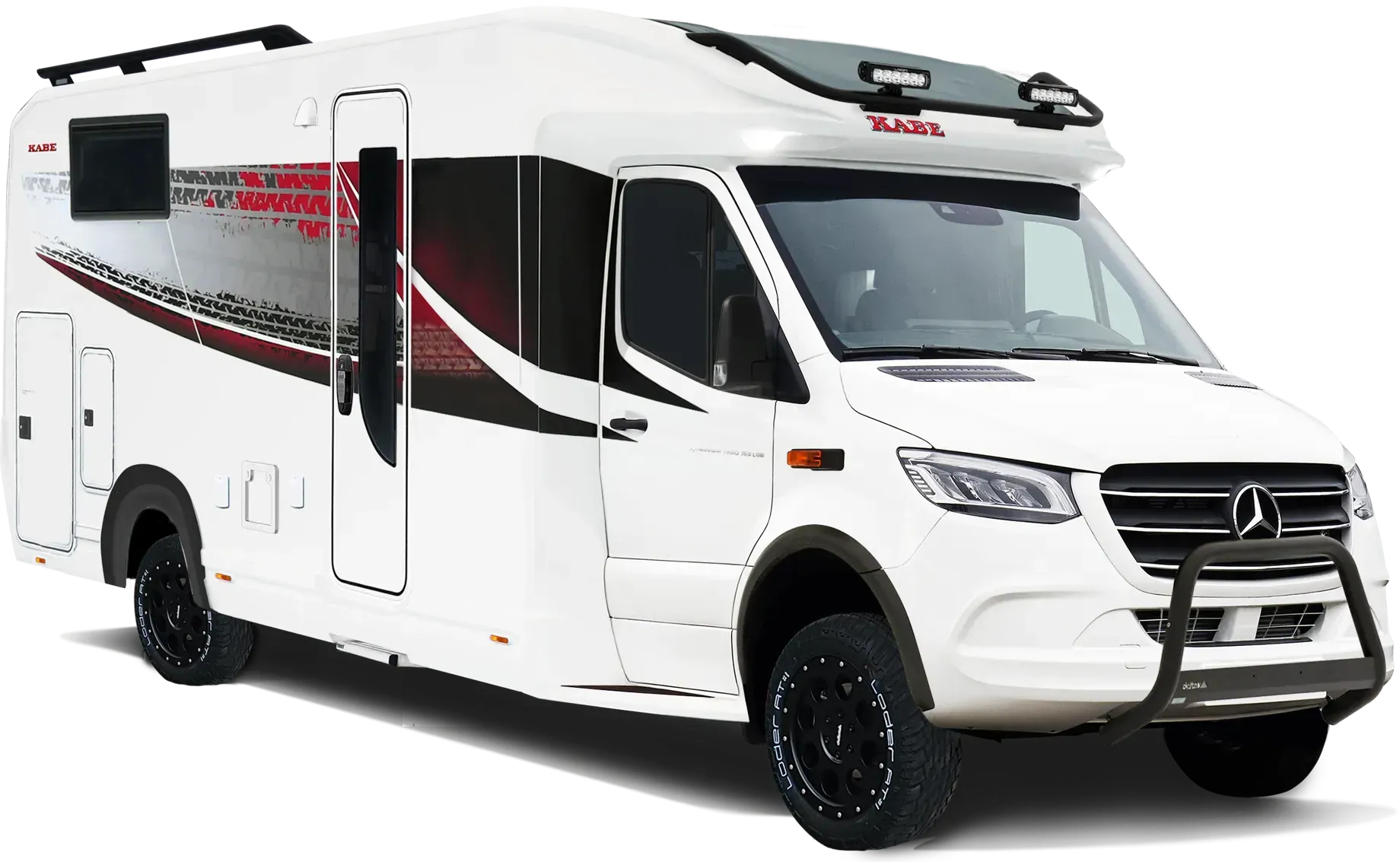 White and red recreational vehicle on a white background, parked with open door. Mercedes-Benz van base 4x4. KABE Novum Traq