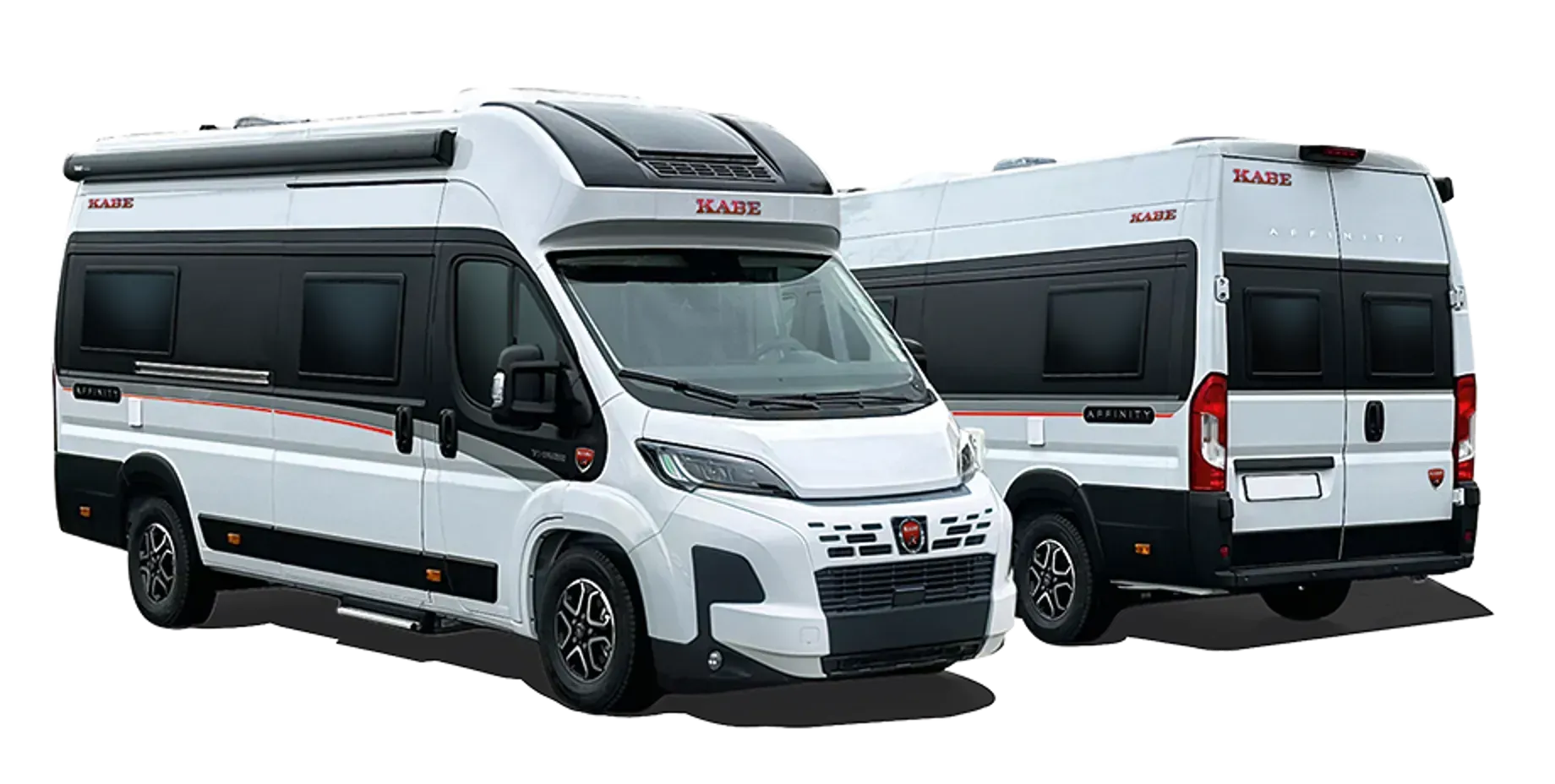 White and black RAM campervan, side and rear views, with red accents, parked outdoors.