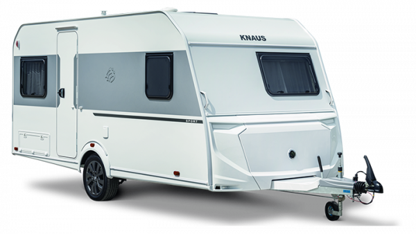 White and gray caravan trailer with black wheels, parked on a surface, front view.