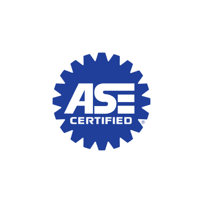 ASE Certified logo in blue and white, gear shape, with 