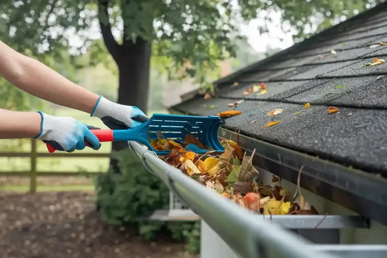 A person is cleaning a gutter with a rake.