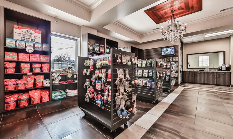 A pet retail store filled with lots of items and a chandelier.