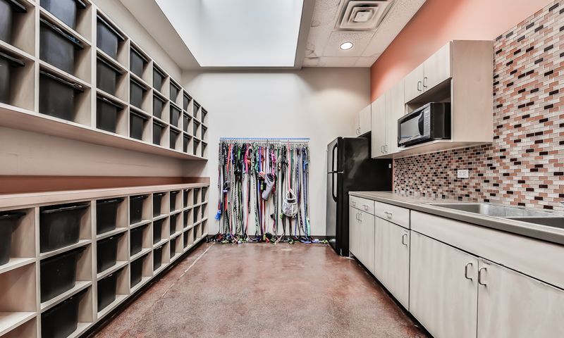 A kitchen with a refrigerator , sink , microwave and shelves.