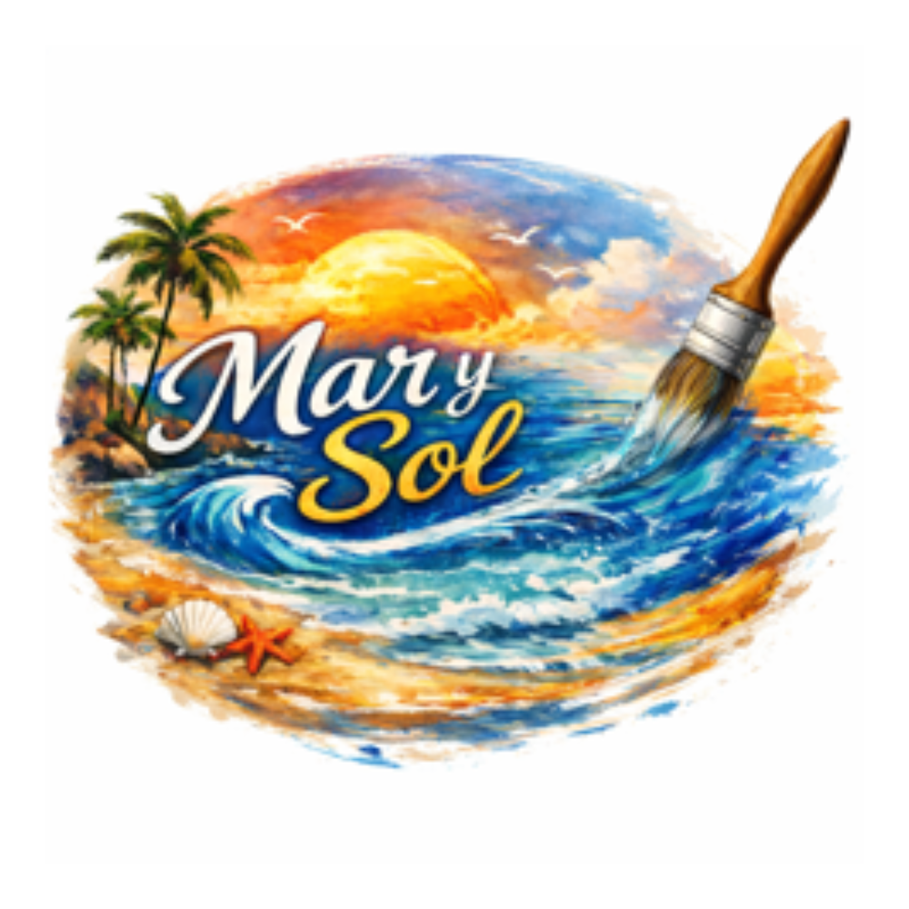 A paintbrush creates a watercolor beach scene with palm trees, a sunset, waves, a shell, and the text 