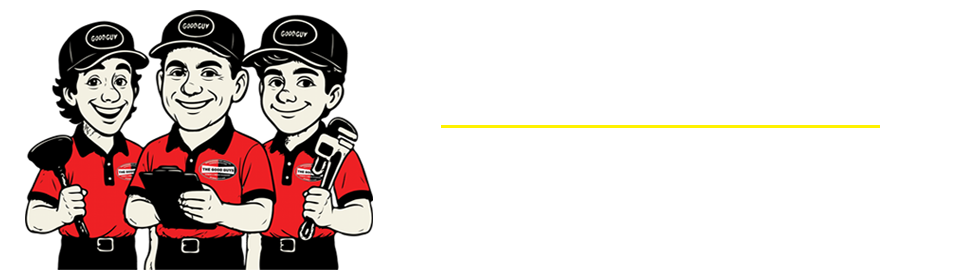 Three workers in red shirts and black caps standing side-by-side, one holding a clipboard and another a wrench.