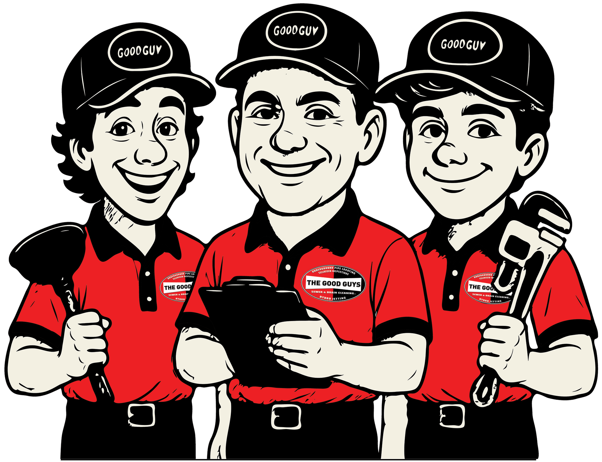 Three plumbers in matching red polo shirts and black caps, one holding a plunger, one a clipboard, and one a pipe wrench.
