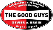 Logo for The Good Guys Sewer & Drain featuring red and black oval background, white text, and pipe service list.