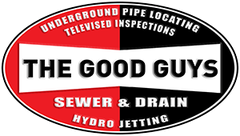 Logo for The Good Guys Sewer & Drain featuring red and black oval background, white text, and pipe service list.