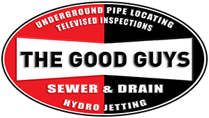 Logo for The Good Guys Sewer & Drain featuring red and black oval background, white text, and pipe service list.