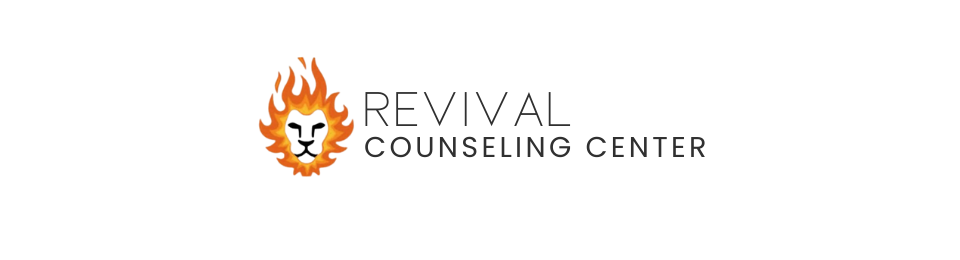 Logo for Revival Counseling Center featuring a stylized lion face surrounded by orange and yellow flames.