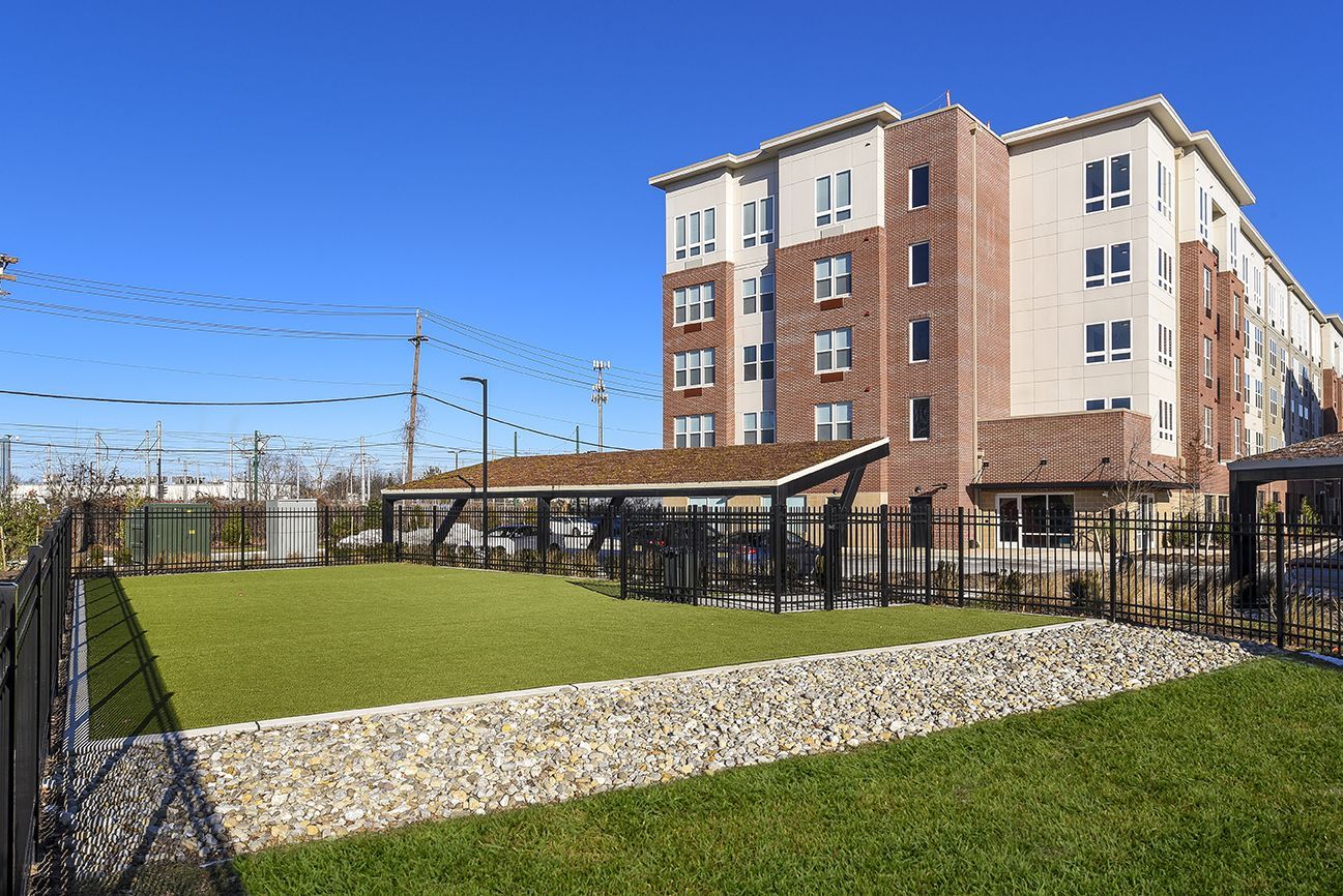Dog park with artificial turf and a covered shelter, next to an apartment building.
