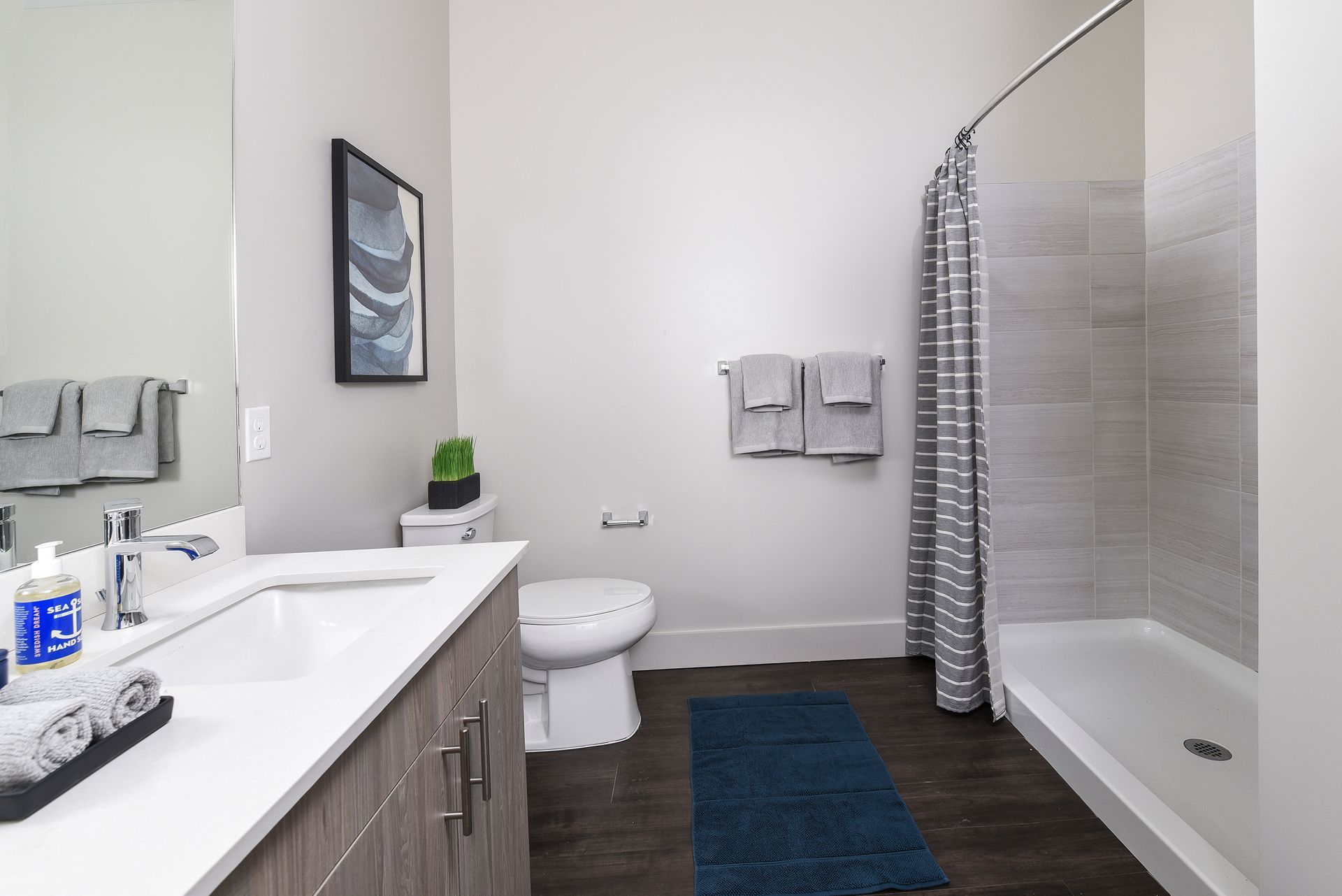 Modern bathroom with a white vanity, toilet, and shower. Gray and blue decor.