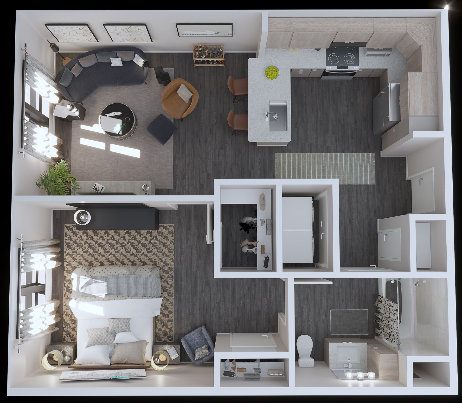 Top-down view of a modern apartment floor plan. The living area, kitchen, bedroom, and bathroom are visible.