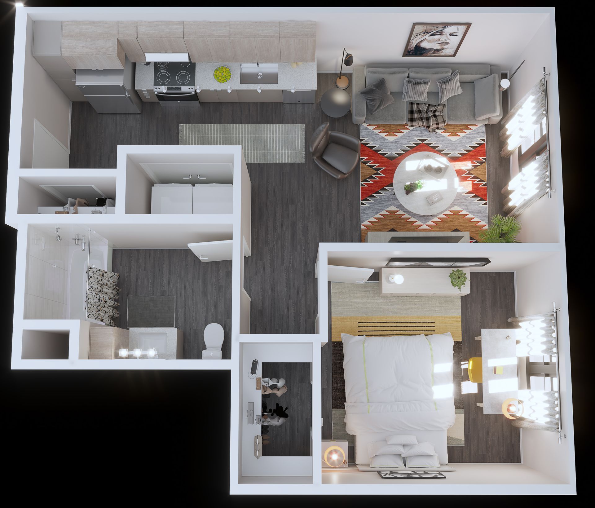 Top-down view of an apartment floor plan, with living room, kitchen, bedroom, and bathroom.