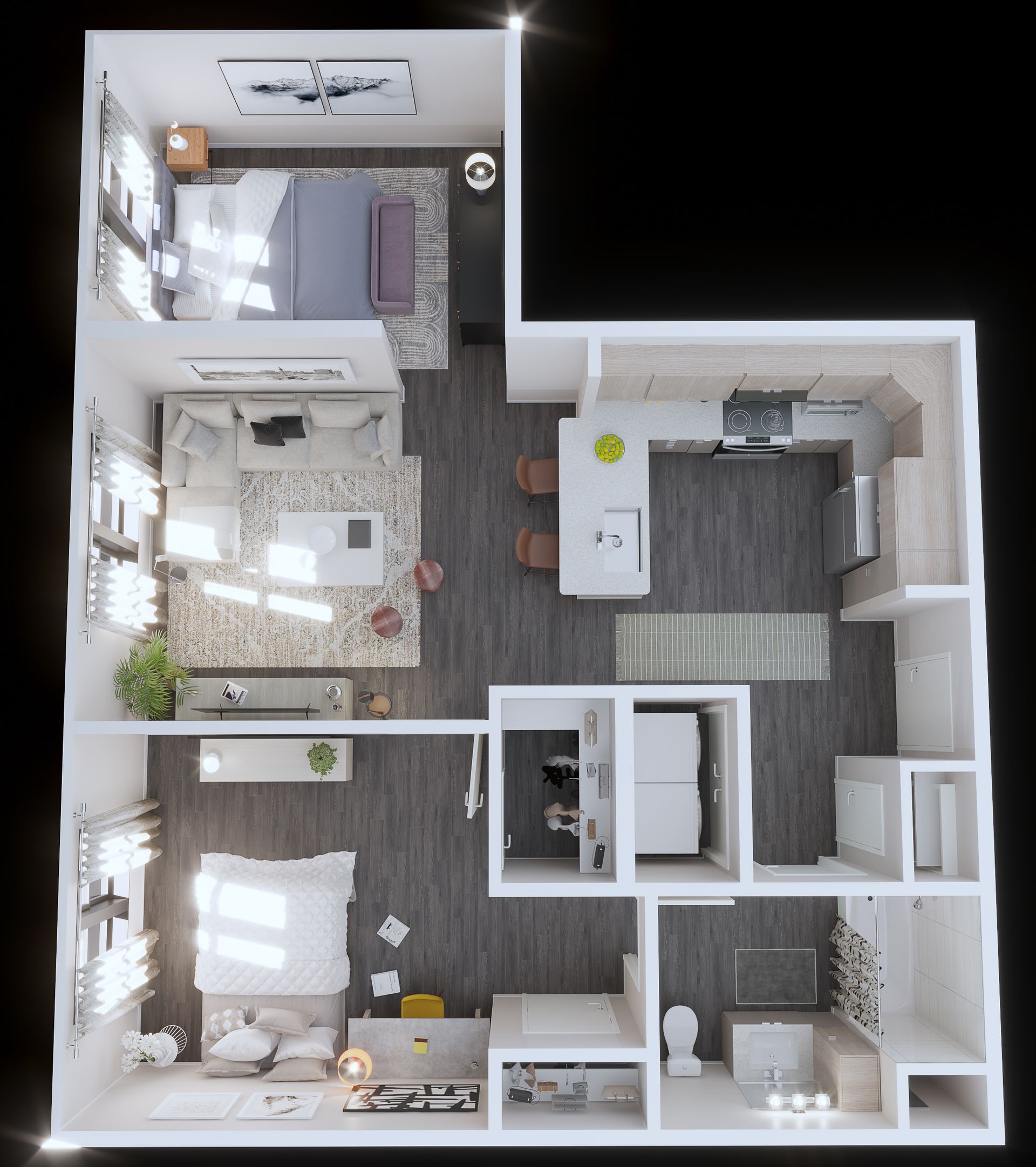 Floor plan of a modern apartment; bedroom, living room, kitchen, and bathroom are visible.