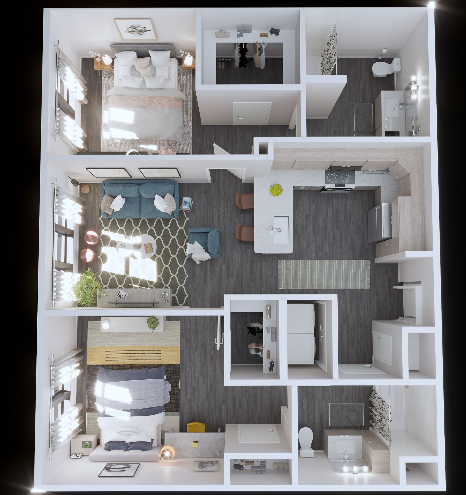Floor plan of a two-bedroom apartment, rendered in top-down view, showcasing living spaces and furniture.