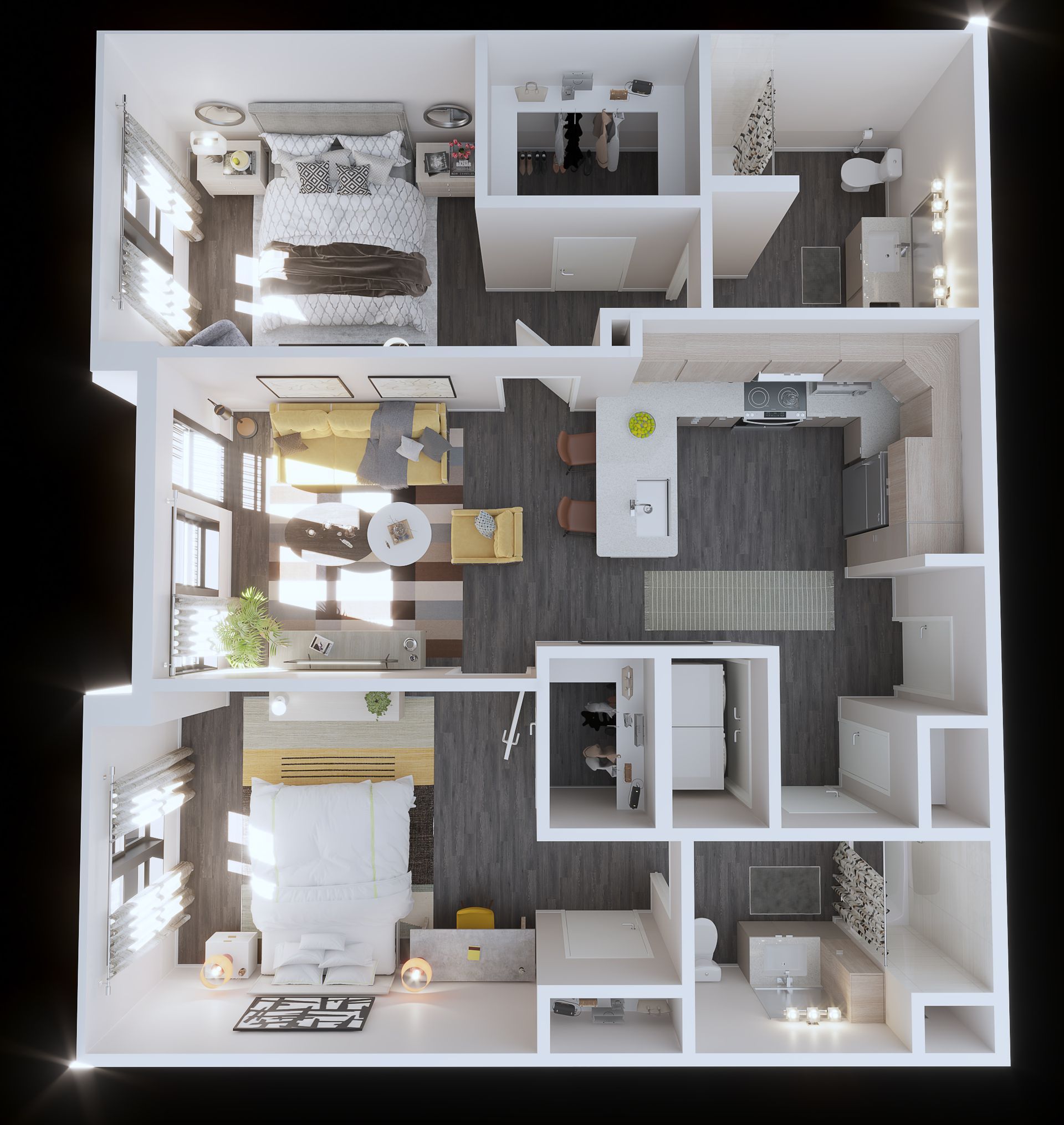 Top-down view of a modern apartment floor plan with bedroom, living area, and kitchen in shades of gray, white, and yellow.