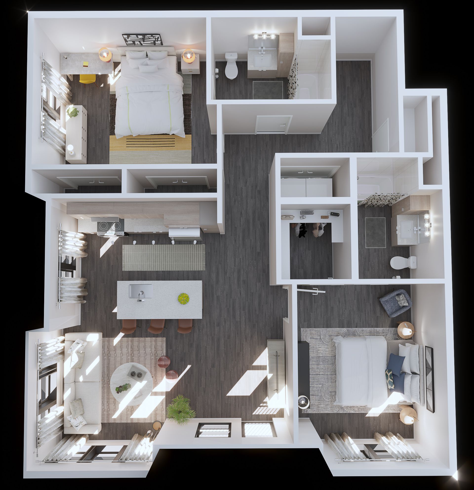 Floor plan of a modern apartment with two bedrooms, kitchen, living room, and two bathrooms.