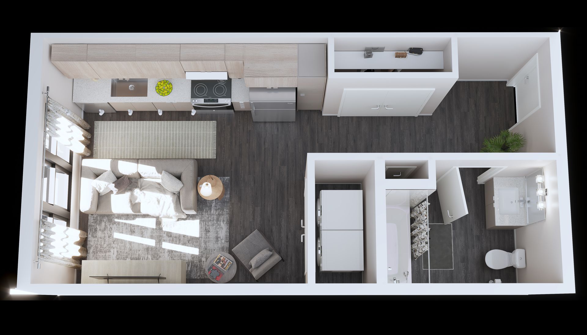 Overhead view of a studio apartment floor plan with kitchen, living area, sleeping nook, and bathroom.