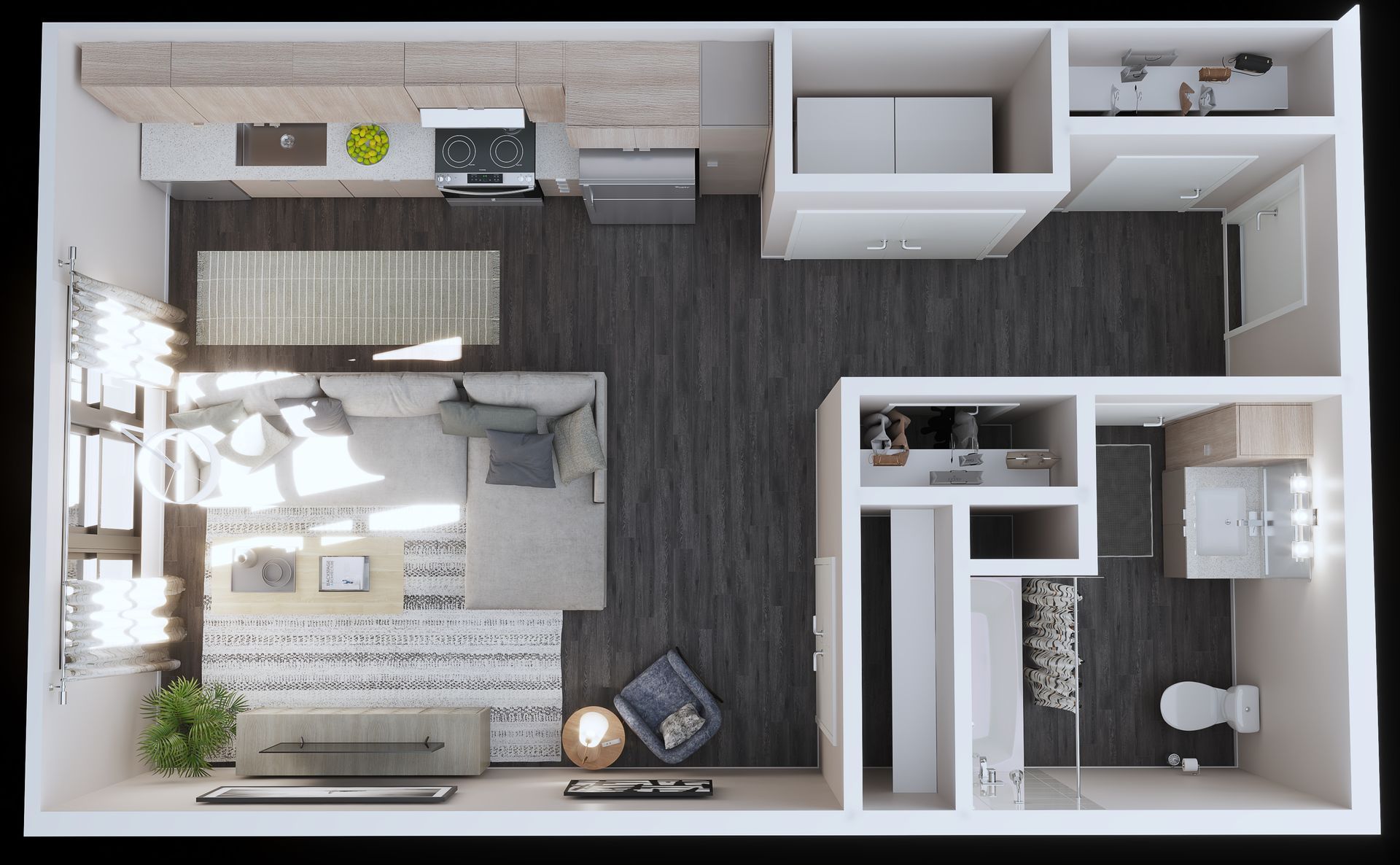 Top-down floor plan of a small apartment with a kitchen, living area, bedroom, and bathroom; gray and beige tones.