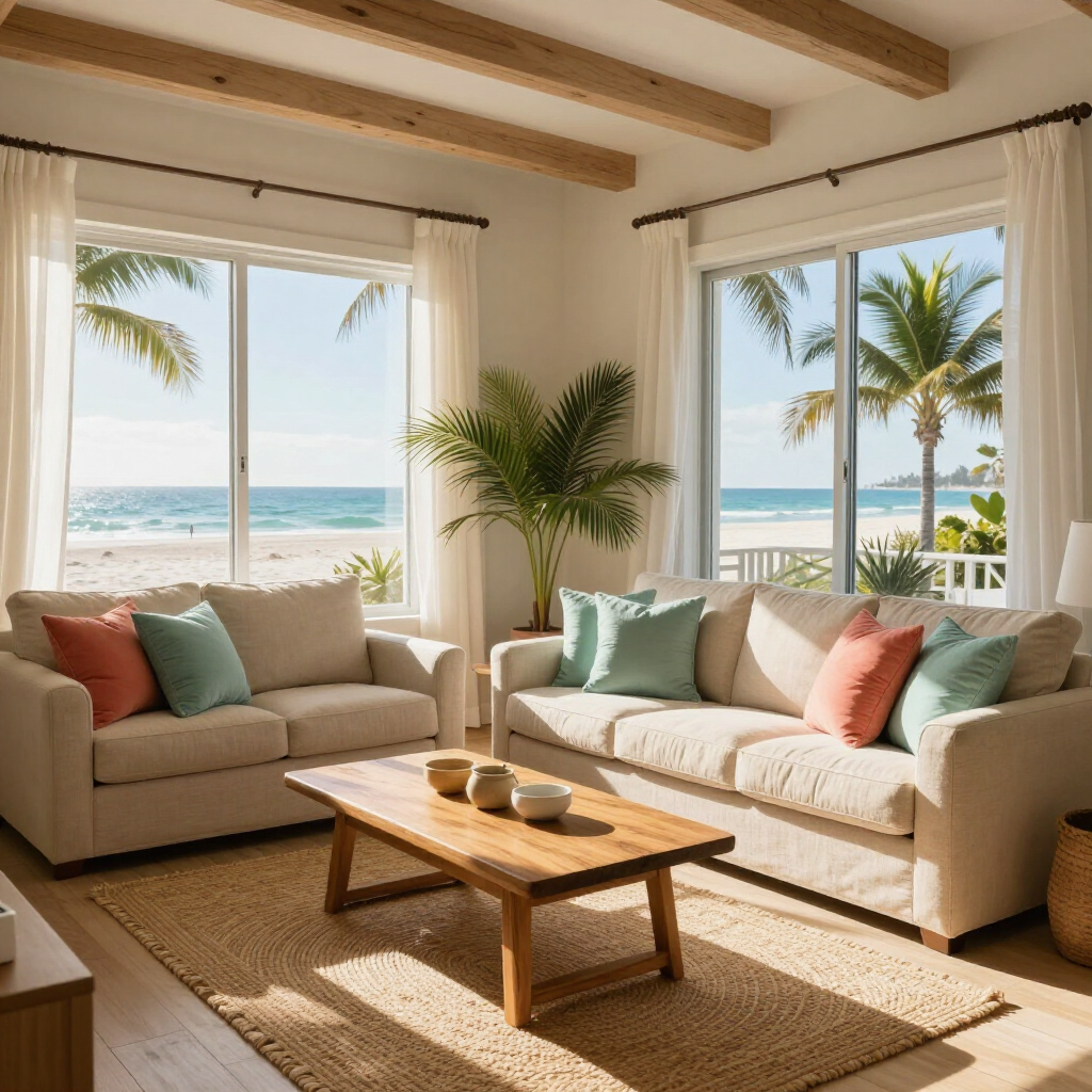 Bright beachside living room with two sofas, a wooden coffee table, and ocean views through large windows
